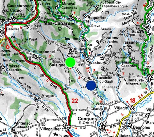 Salsigne (zöld) és La Combe du Saut (kék) elhelyezkedése térképen